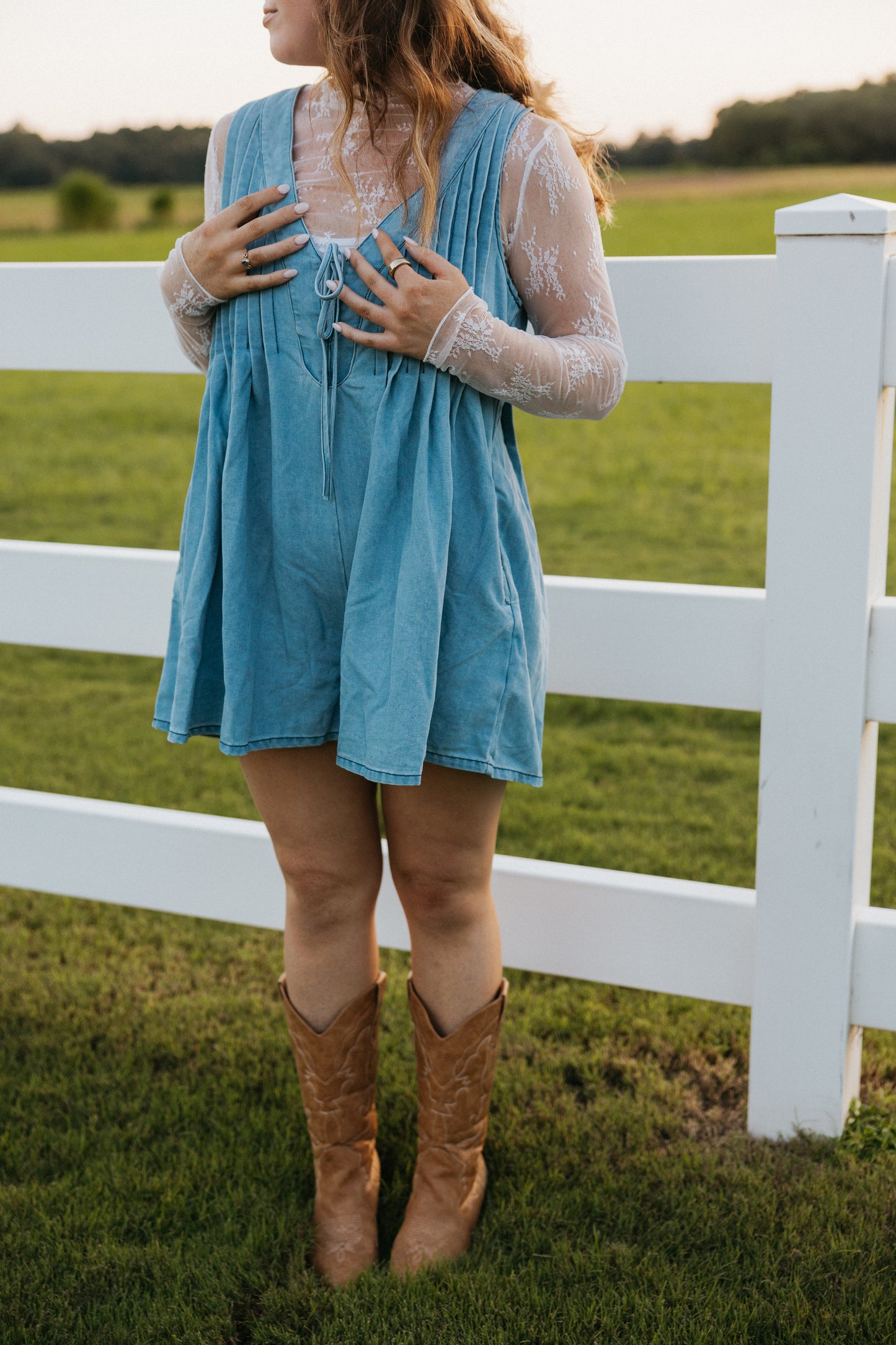 Paisley Denim Romper, Blue