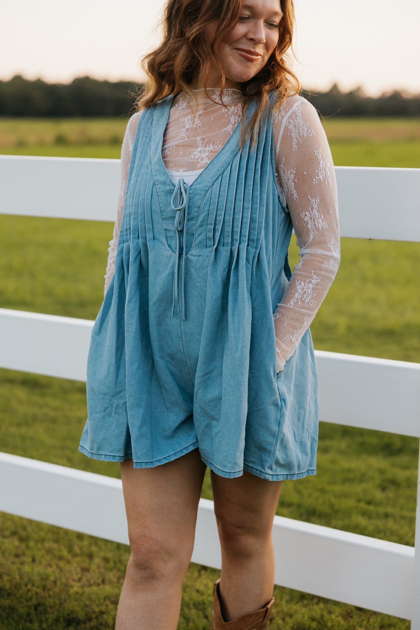 Paisley Denim Romper, Blue