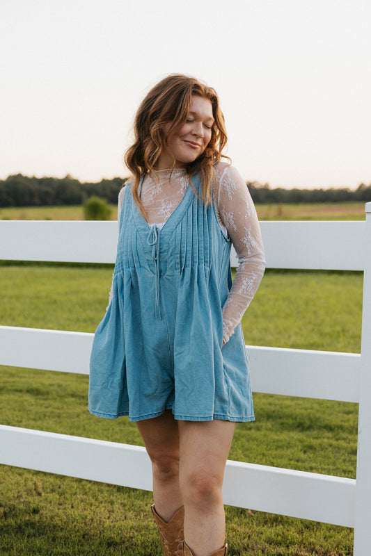 Paisley Denim Romper, Blue