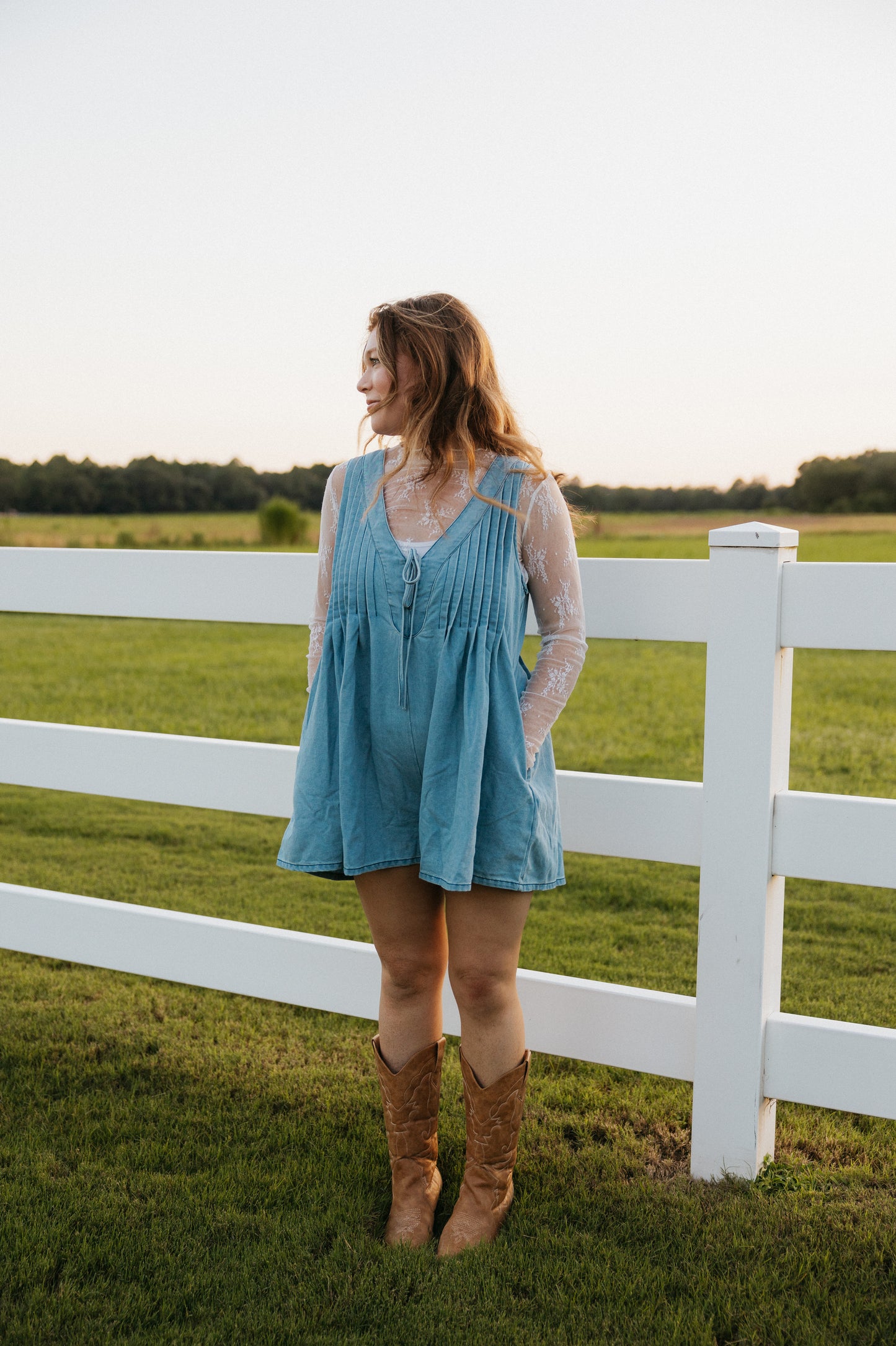 Paisley Denim Romper, Blue