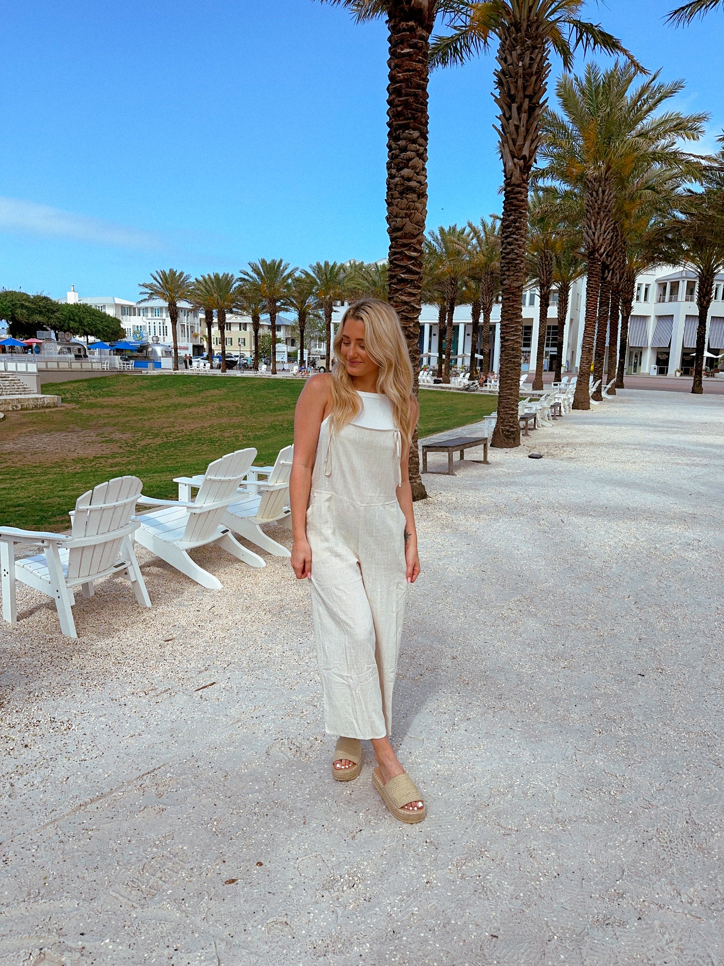 Euro Summer Linen Jumpsuit, Beige