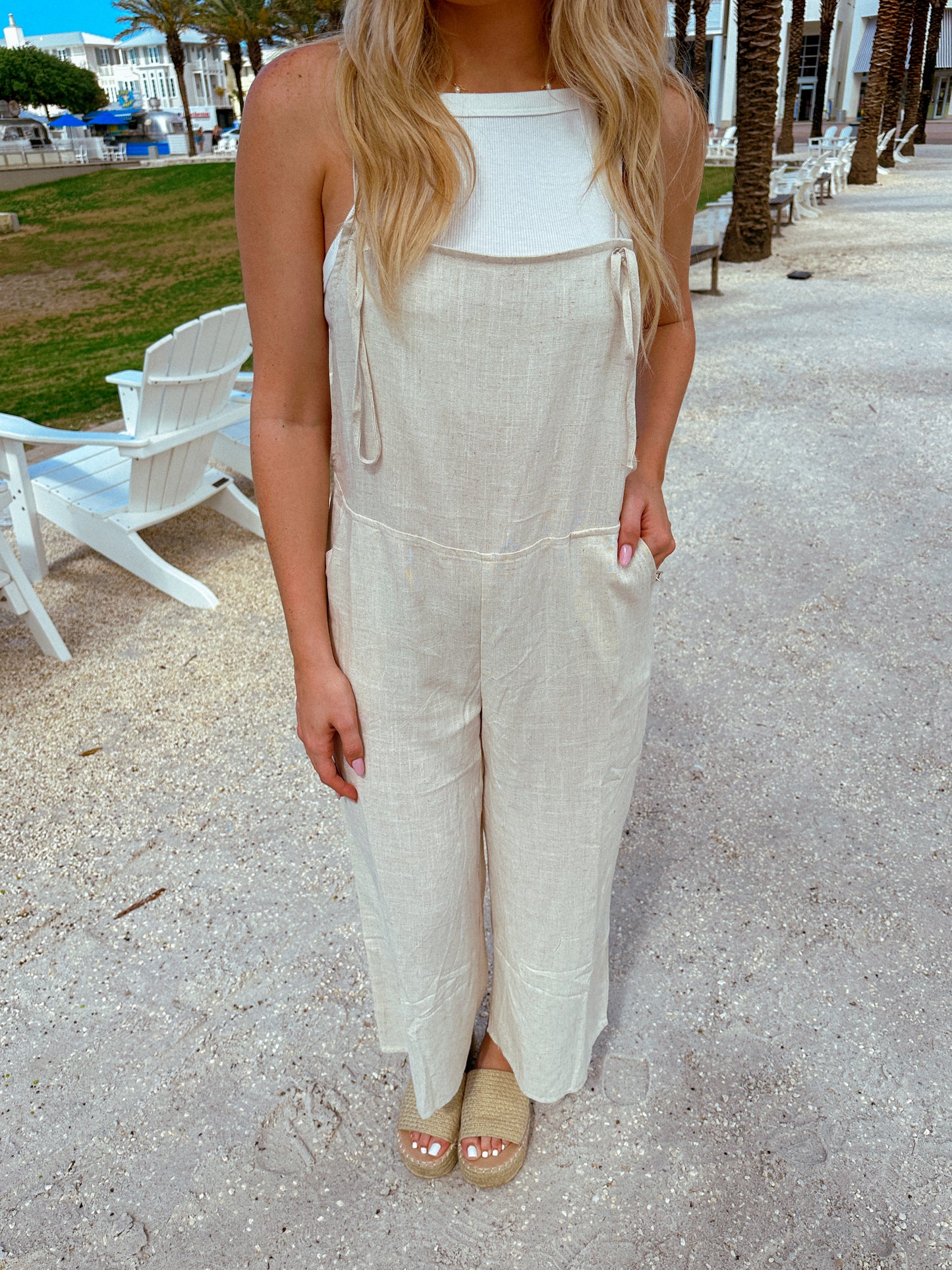 Euro Summer Linen Jumpsuit, Beige