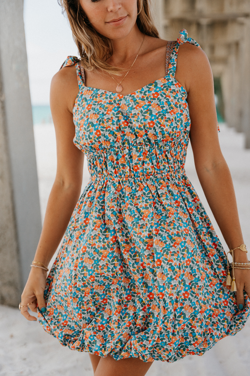 Sweetest Flower Dress, Coral/ Blue