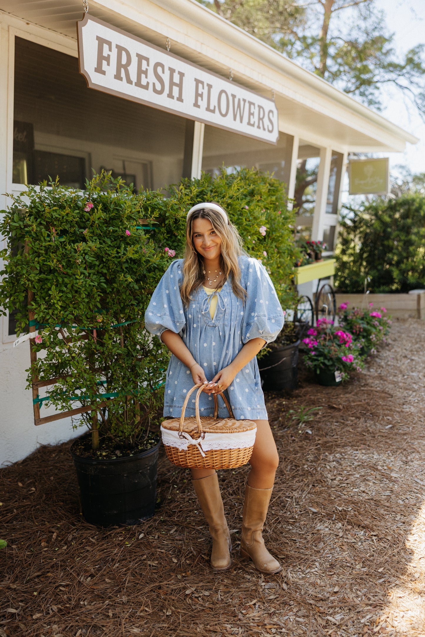 Polka Dot Denim Romper, Blue