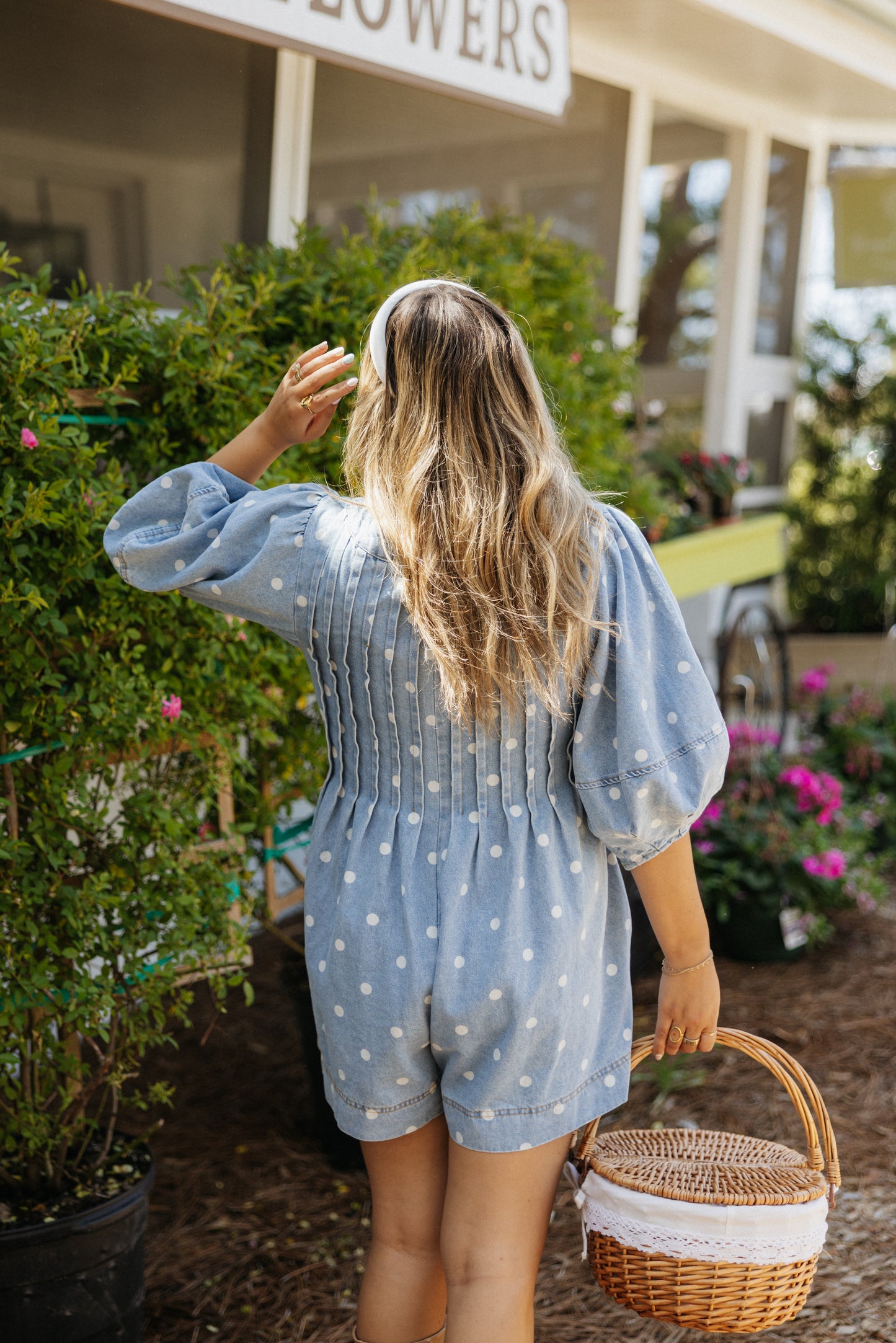Polka Dot Denim Romper, Blue